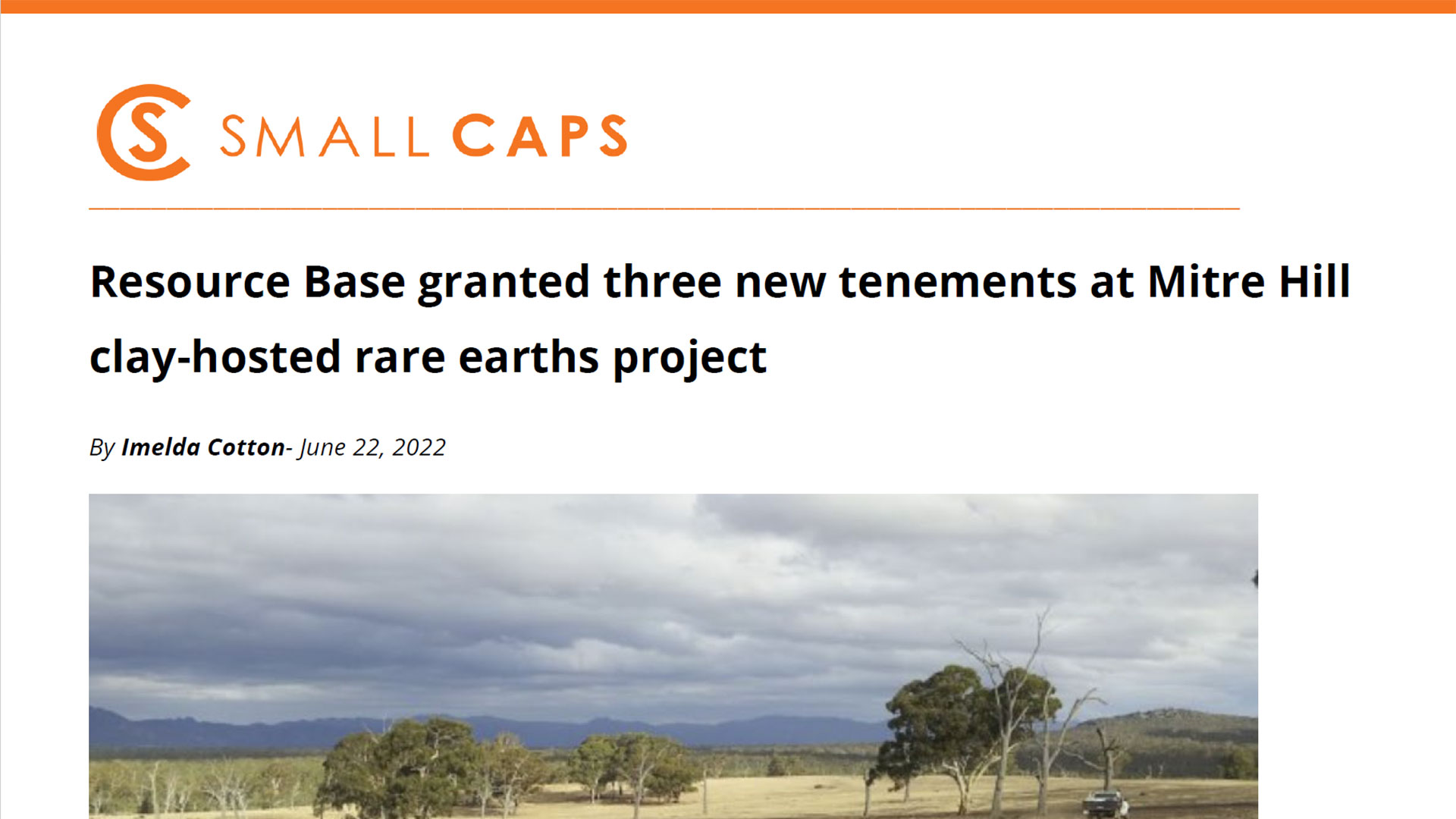 Small Caps: Resource Base Granted Three New Tenements at Mitre Hill Clay-hosted Rare Earths Project